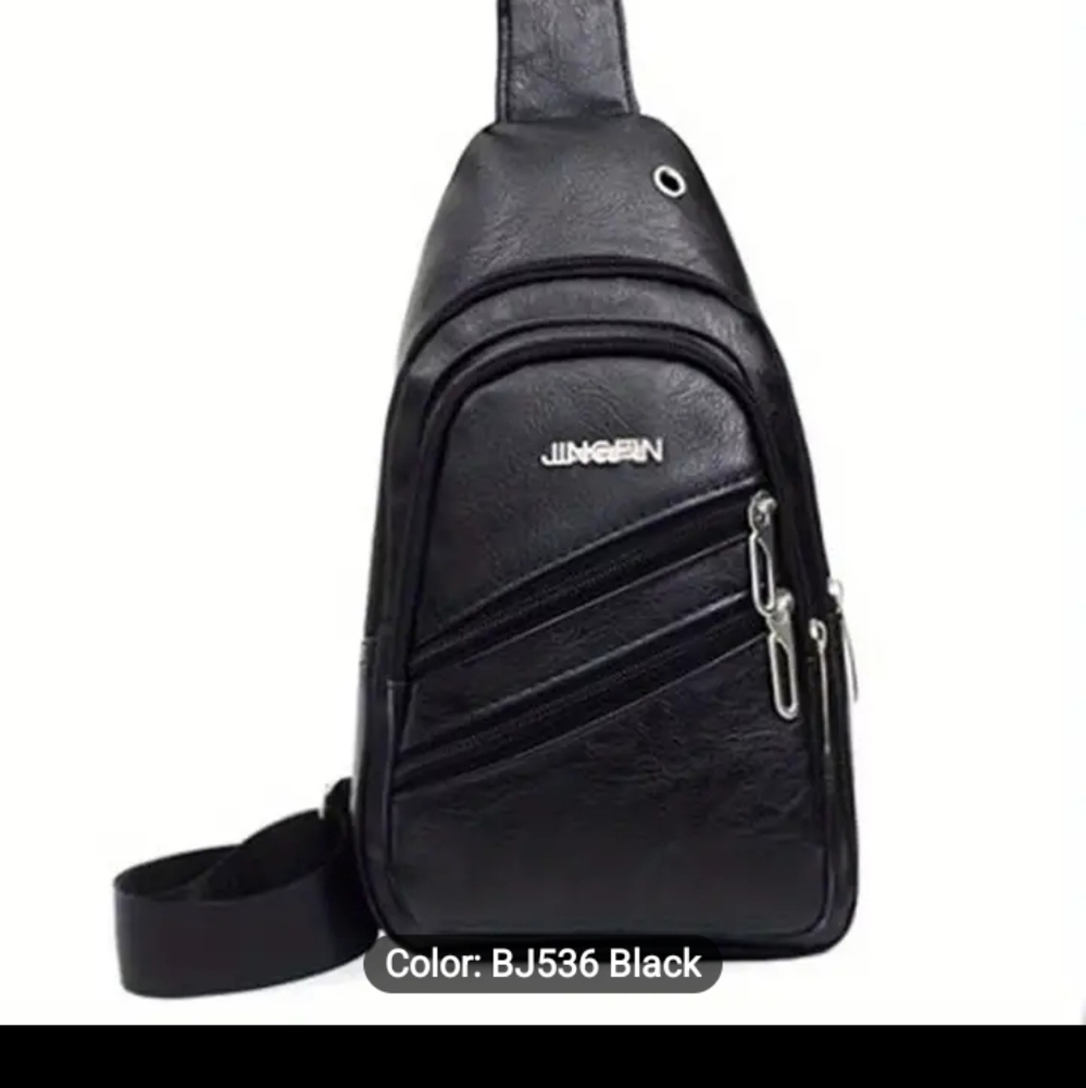 Mens Black Leather 4 zipper sling bag
